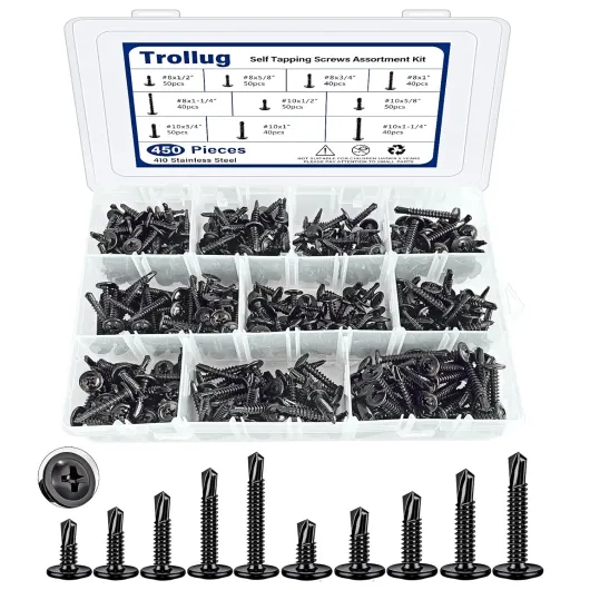 450PCS Self Tapping Screws for Metal, 410 Stainless Steel Self Drilling Screws #8#10 Truss Head Sheet Metal Screws Assortment Kits, Length 1/2"" to 1-1/4'' (Black)