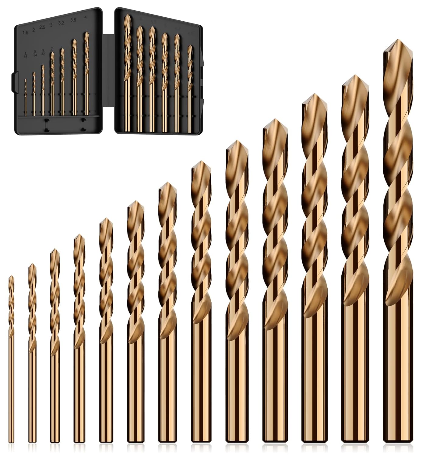 Cobalt Drill Bit Set, 13Pcs M35 High Speed Steel Jobber Length Drill Bit Kit for Hardened Metal, Stainless Steel, Cast Iron, Wood and Plastic, with Index Storage Case, 1/16"-1/4" 13pcs Cobalt Drill