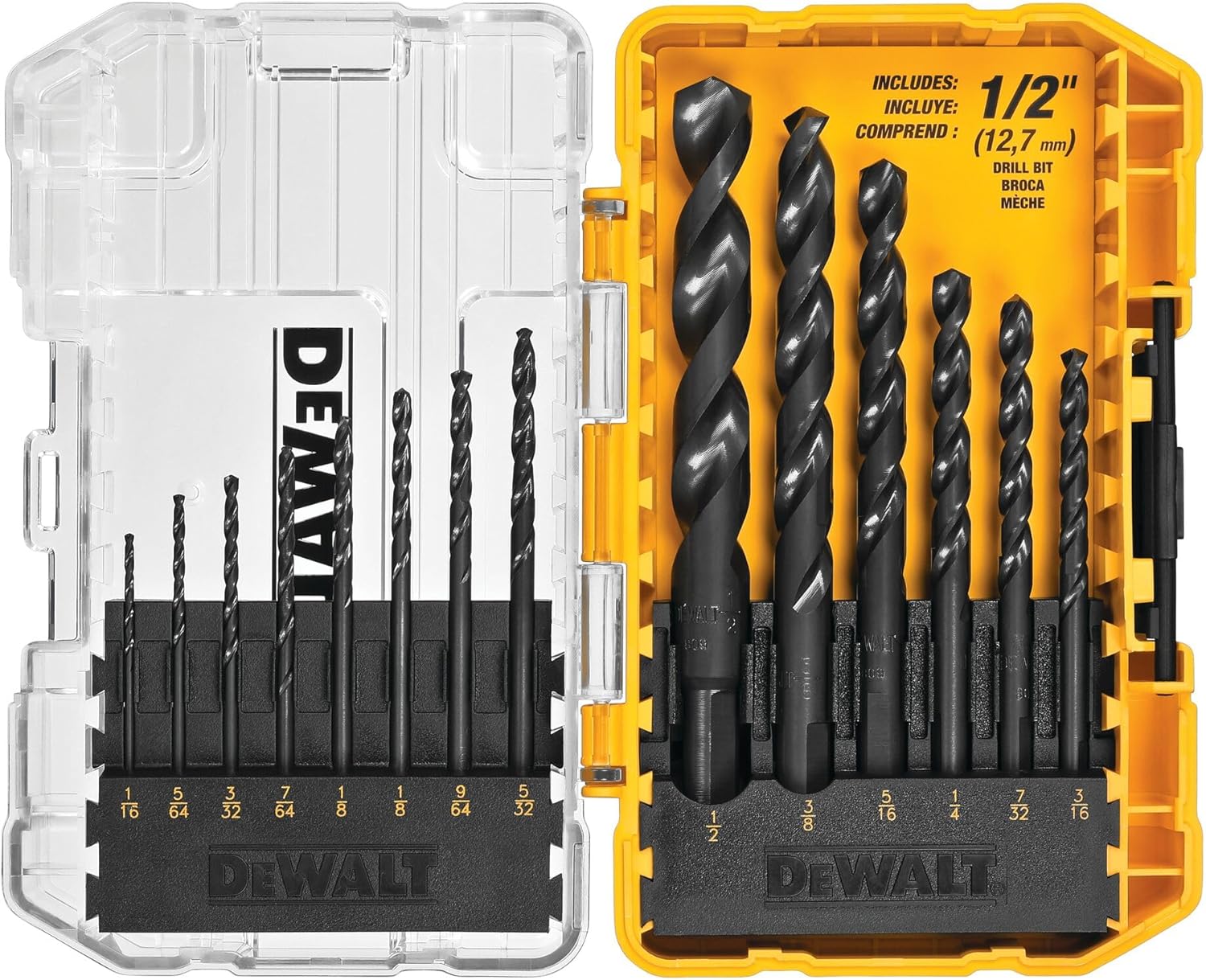 Drill Bit Set, 3-Flats Shank,14-Piece, 135 Degree Split Point, for Plastic, Wood and Metal (DWA1184) 14 piece set (Pack of 1)