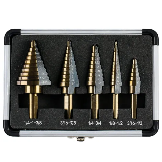 Step Drill Bits, 5PCS HSS Titanium Step Drill Bit Set, 50 Sizes High Speed Steel Step Bits for Metal with Aluminum Case 5 PC Set