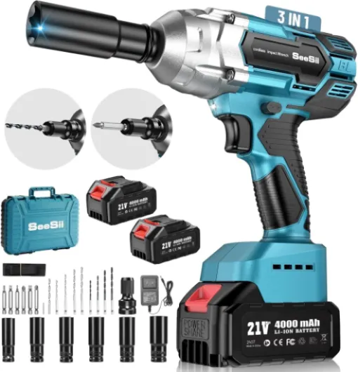 Cordless Impact Wrench 1/2 inch, High Torque 479 Ft-lbs(650Nm) Brushless Impact Gun,2500RPM w/2x4.0 Battery, 6 Sockets,8 Drill Bits, High Torque Power Impact Driver for Car Home,WH700