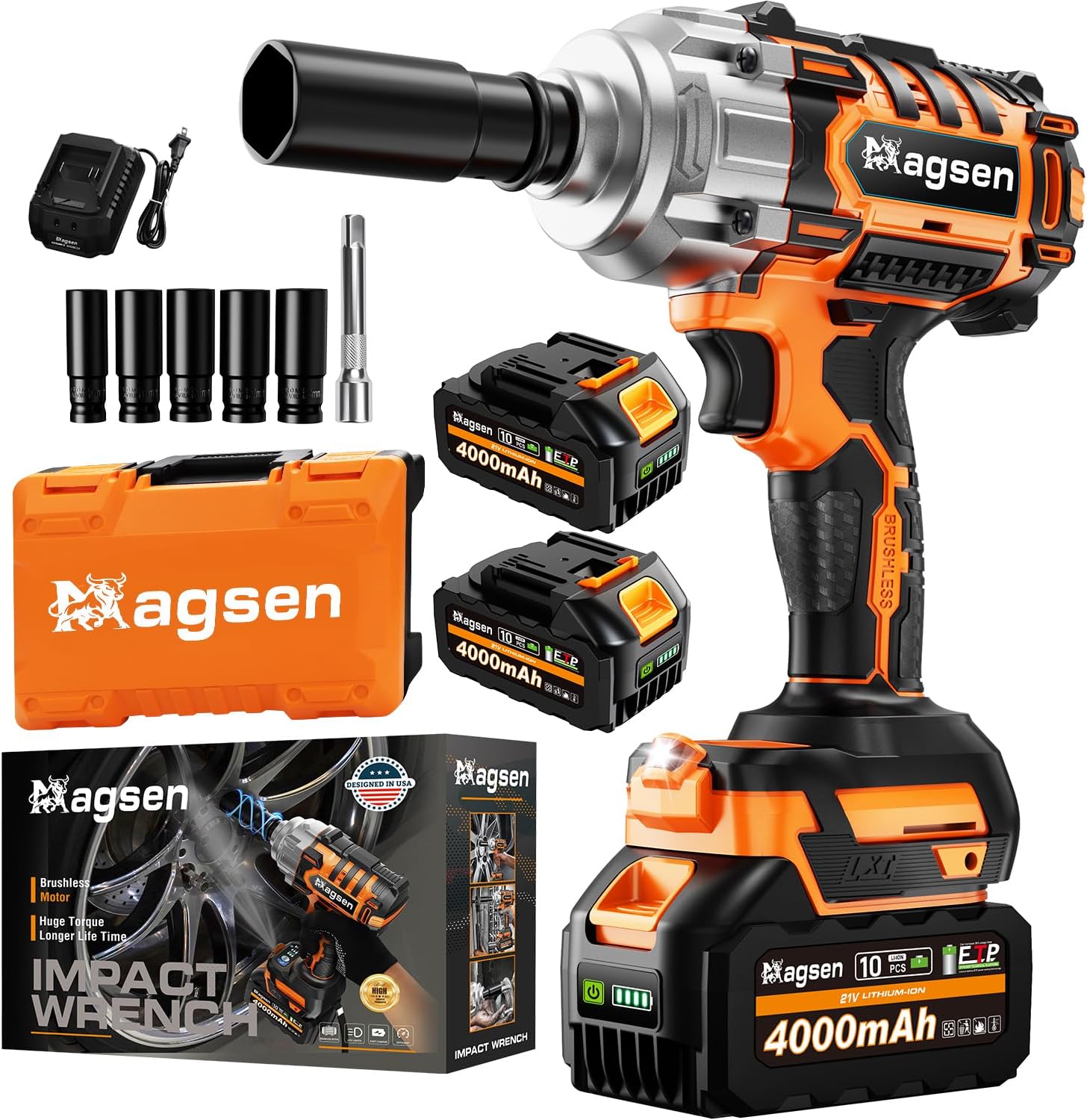 1/2 inch Cordless Impact Wrench, 900Ft-lbs (1200N.m) High Torque Brushless Impact Gun,3800RPM,2x4000mAh Battery, 5 Sockets,LED Light,Electric Impact Motor Variable Speeds for Car/Mower/Pickup