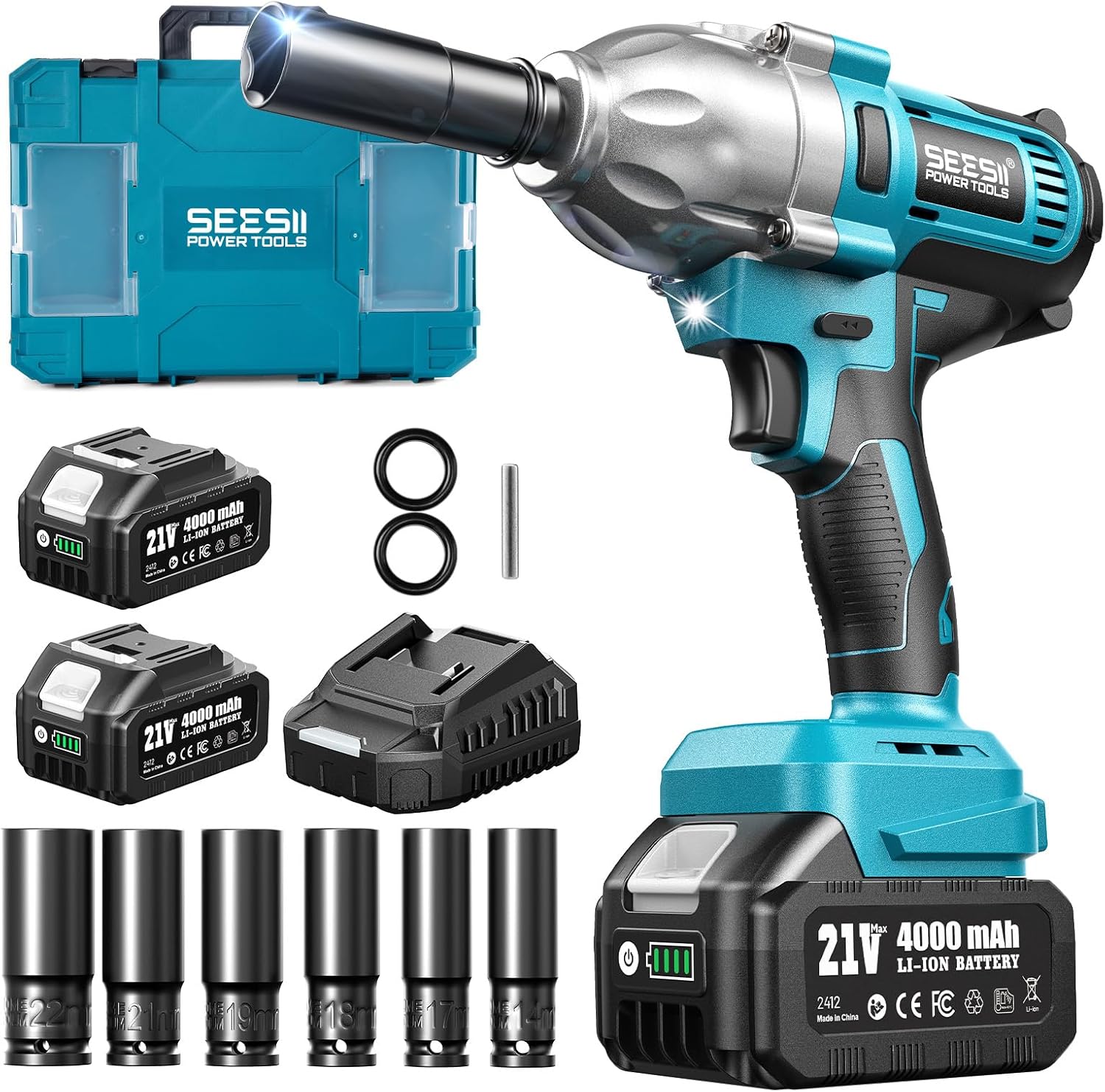 Impact Wrench 665 FT-LBS(900N.m) 3300IPM 1/2 Impact Gun High Torque Electric Impact Driver Cordless Impact Wrench with 21V 2x4.0Ah Battery 6 Sockets&Case for Home Car Tire Lug Nut Removal Tool 665Ft-lbs w/ 2x4.0Ah Battery