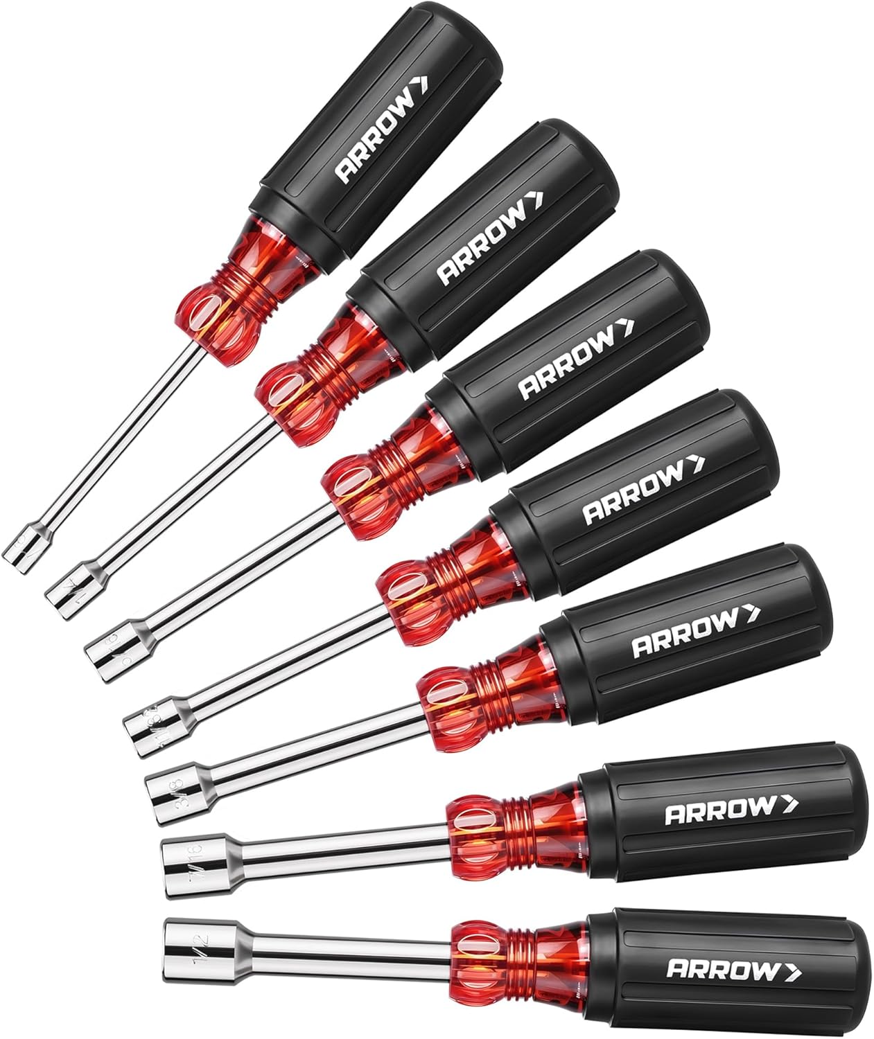 ARROW Nut Driver Set, 7 PCS SAE Nut Drivers with Non-Slip Grip, Cr-V Steel, 1-Inch Hollow Shaft, Hex Sizes 3/16, 1/4, 5/16, 11/32, 3/8, 7/16, 1/2-Inch, Easy for Tightening and Unscrewing