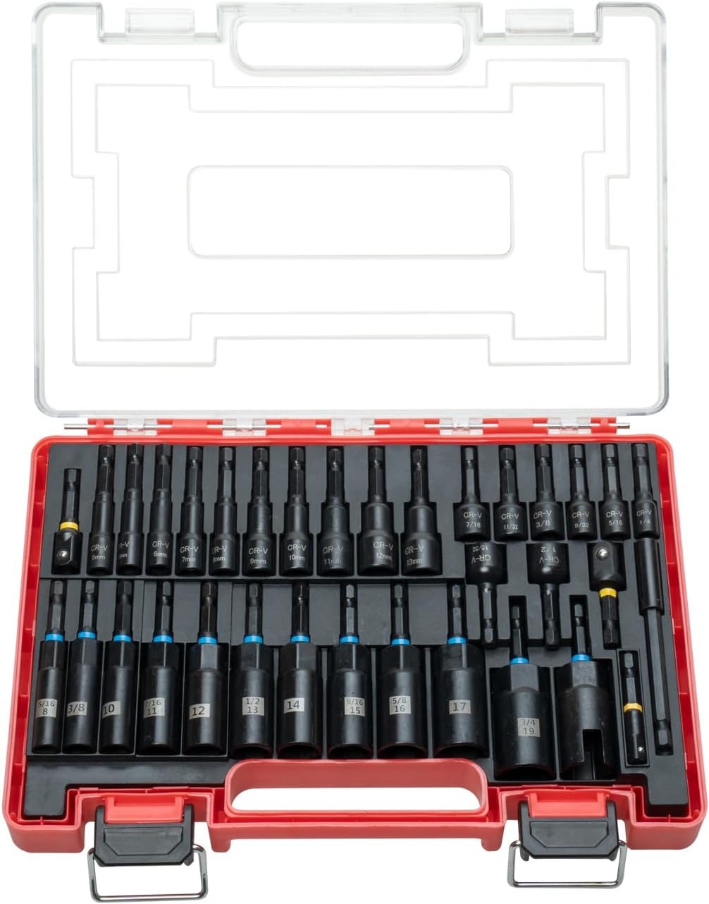 34-Piece Magnetic Impact Nut Driver Set, SAE&Metric Magnetic Nut Driver Bits with Deep Sockets, Adapters & Extension Bar, Professional Power Tool Accessories in Storage Case