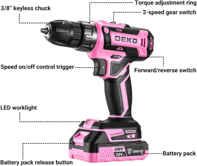 Power Drill Cordless: DEKOPRO Pink Cordless Drill 20V Electric Power Set Tool for Women Drills with Battery and Charger Drills Driver Kit