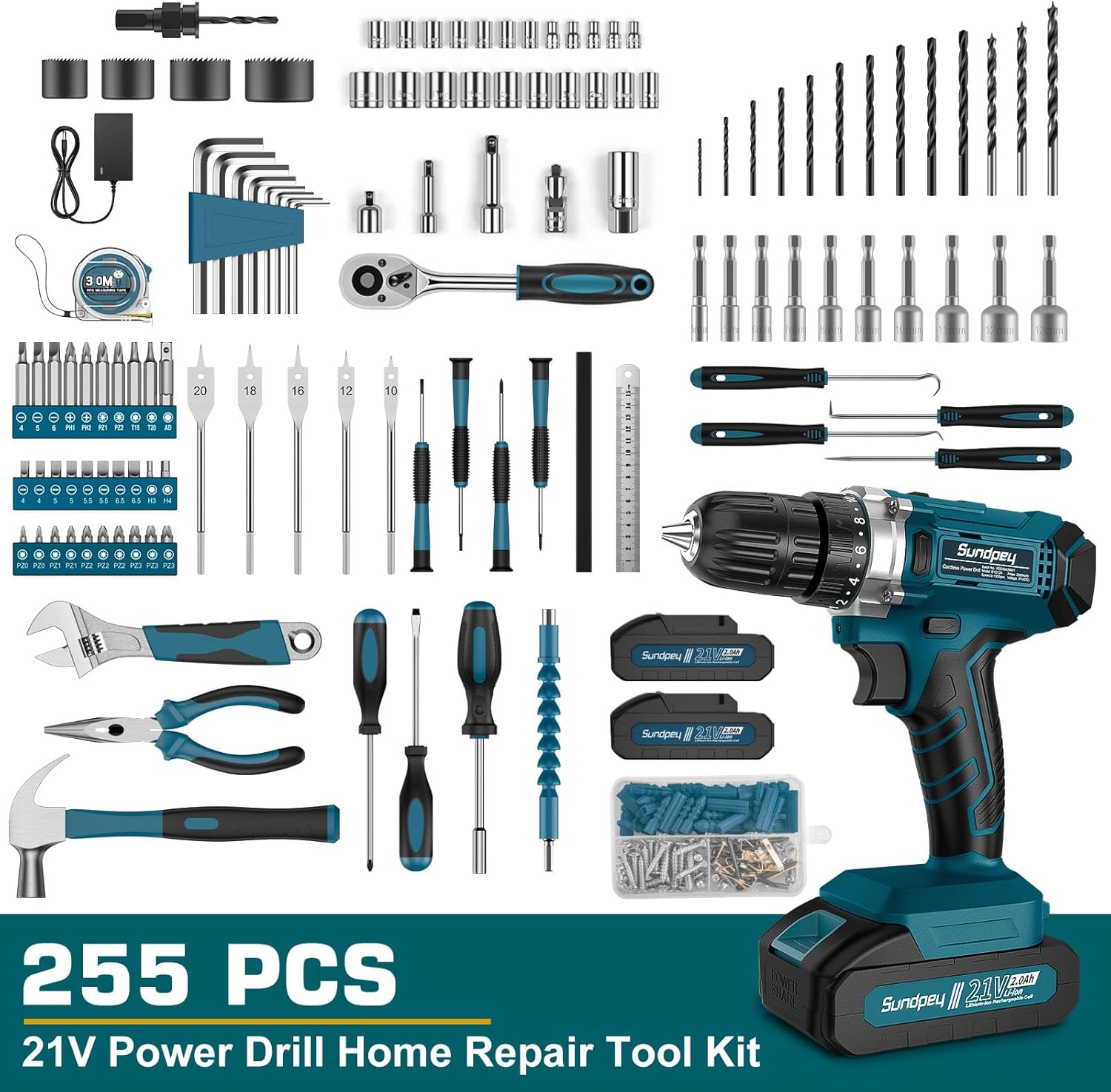 Tool Kit with 21V Drill - Cordless Power Tool Set - 255-PCs General Basic Complete Home and Auto Repair Tools Set - Protable Household Tool Kit for Men Women(Wrench & Socket & Screwdriver Kit)