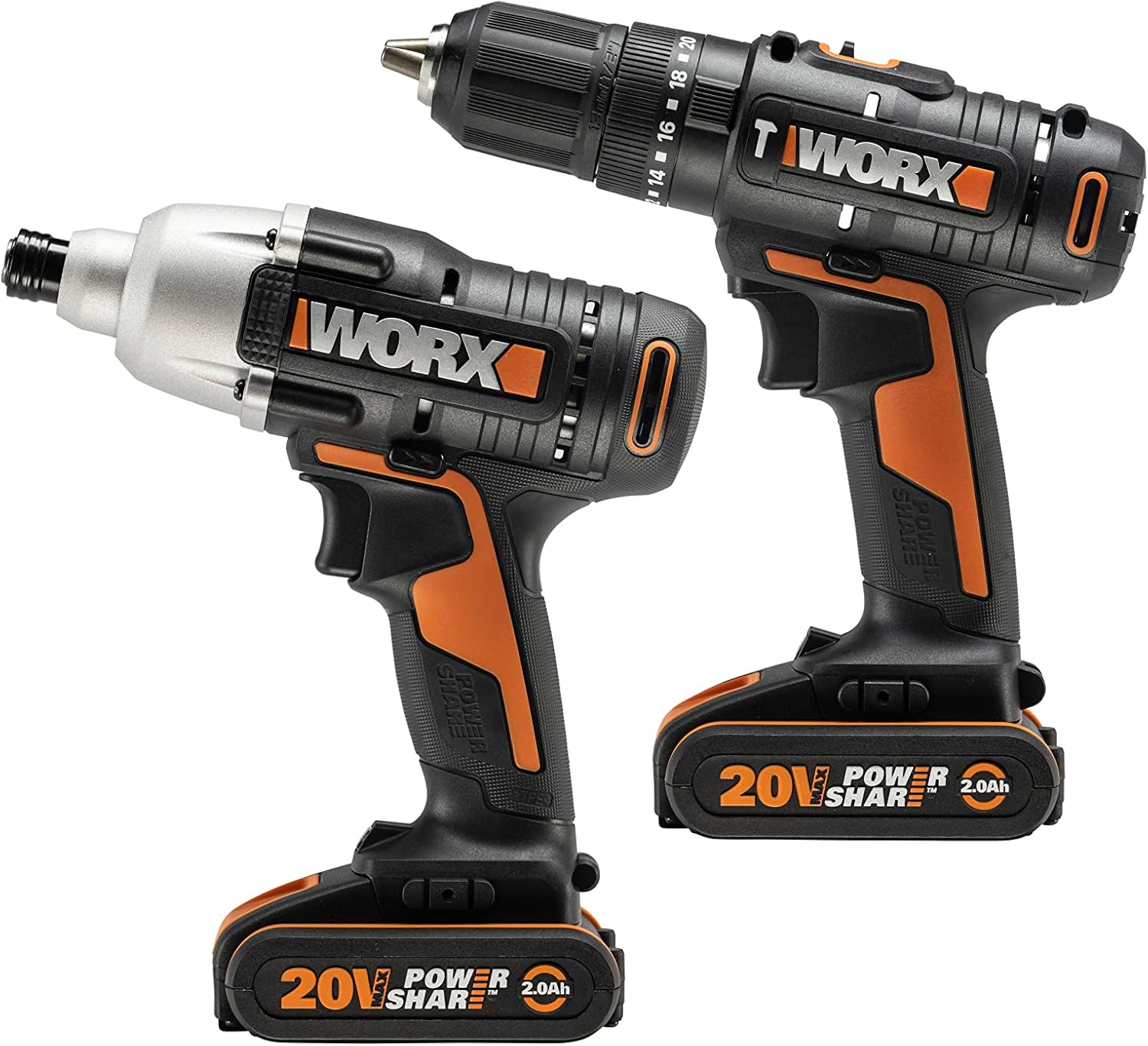 WX902 20V PowerShare Cordless Combi Drill & Impact Driver Kit with 2X 2.0Ah Batteries, Charger & Bag – 50Nm Hammer Drill, 170Nm Impact Driver, LED Light, Compact & Lightweight Design