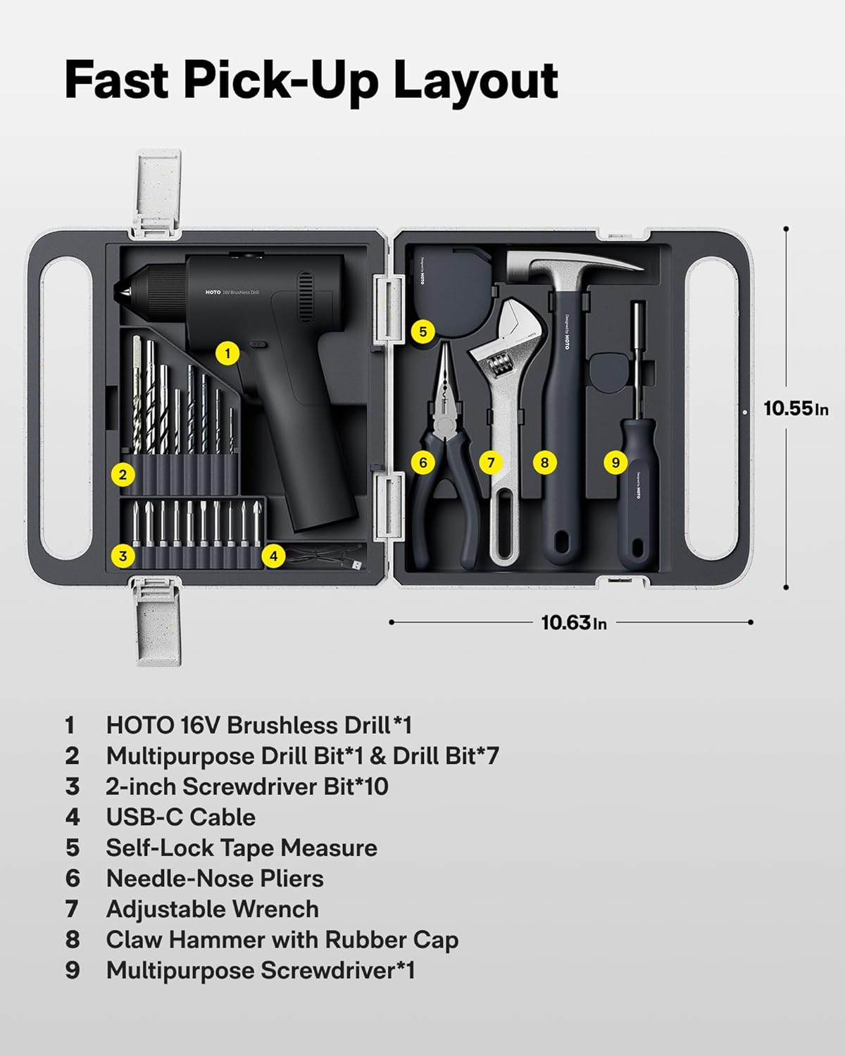 25PCS Household Tool Kit with 16V Brushless Drill, Smart Display, 50 N·m Torque, 32 Torque Settings, USB-C Charging, LED Light, Includes Hammer, Wrench, Pliers, 8 x Drill Bits, 10 x Bits