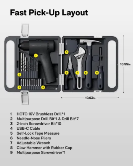 25PCS Household Tool Kit with 16V Brushless Drill, Smart Display, 50 N·m Torque, 32 Torque Settings, USB-C Charging, LED Light, Includes Hammer, Wrench, Pliers, 8 x Drill Bits, 10 x Bits