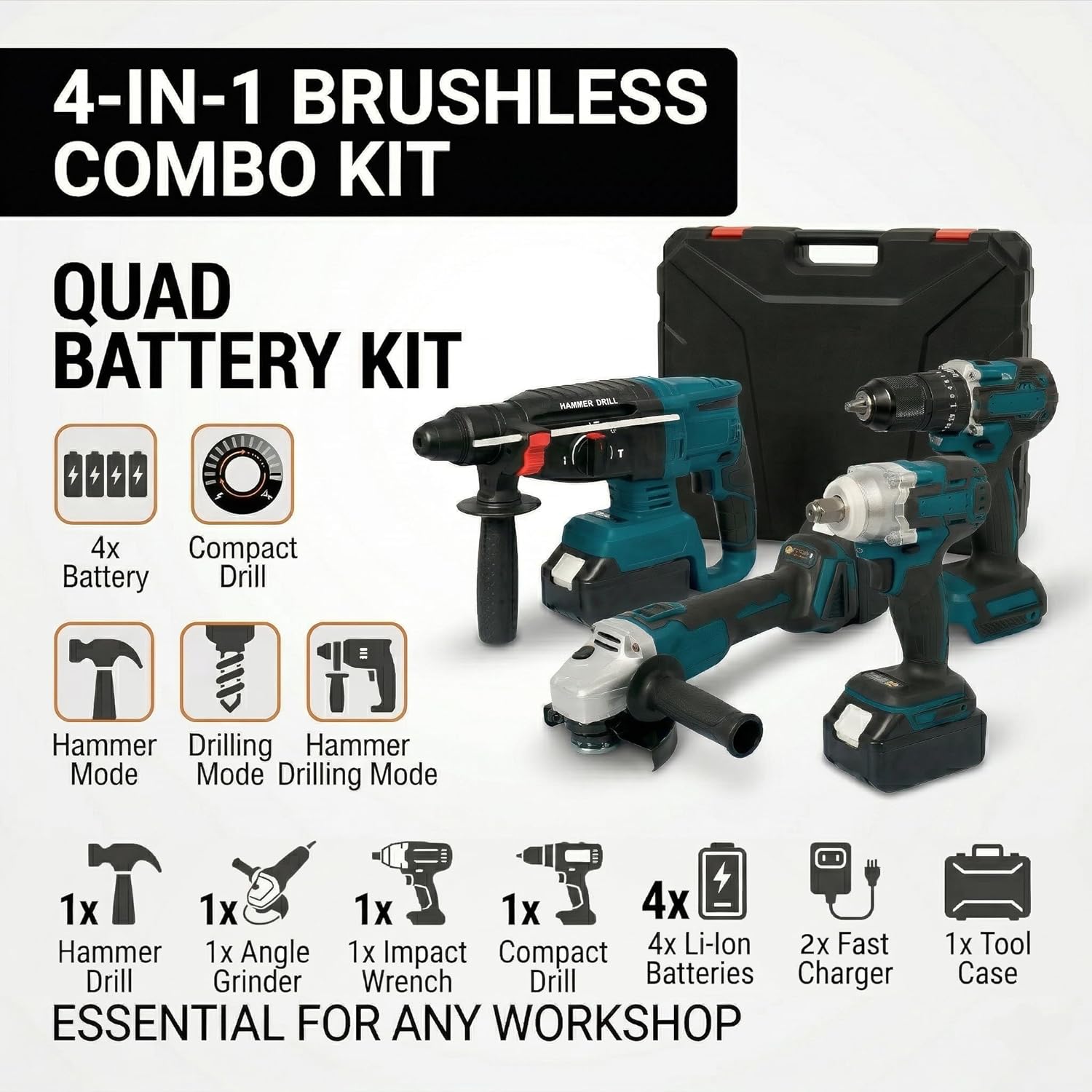 Brushless Power Tools Set with 4 Batteries - 21V Cordless Tool Kit: Combi Drill, Impact Wrench, Angle Grinder & Hammer Drill - DIY Home & Mechanic Car Tool Set in Carry Case