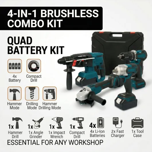 Brushless Power Tools Set with 4 Batteries - 21V Cordless Tool Kit: Combi Drill, Impact Wrench, Angle Grinder & Hammer Drill - DIY Home & Mechanic Car Tool Set in Carry Case