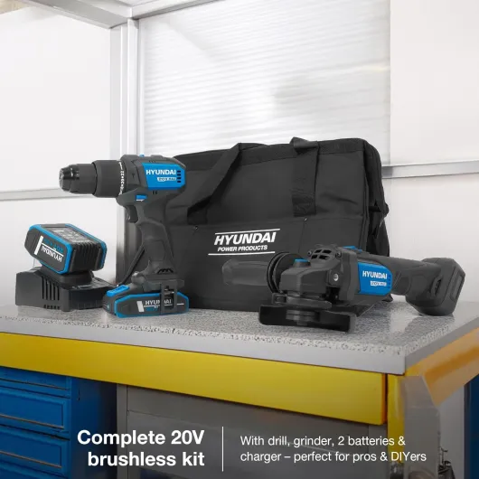 20V Cordless Tool Kit, Brushless Hammer Drill 60Nm, 115mm Angle Grinder, 2.0Ah & 4.0Ah Batteries, Charger