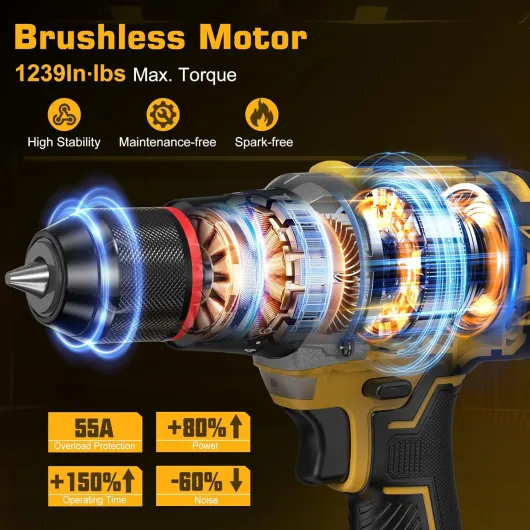 140N·m Cordless Hammer Drill - 21V 1/2-Inch Brushless Electric Power Drills Set w/ 2 x 4.0Ah Battery & 42PCs Accessory & Self-Locking Metal Chuck Impact Drill for Drilling Wood Bricks Metal