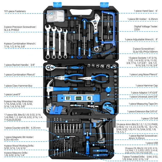 Tool Kit Box Drill Set：DEKO 238 Pieces Home Mechanic Toolbox with 12V Power Cordless Drill Hand Repair Tools Sets Combo Kits Storage Organizer Drawer Case for Men,car Tool kit（Blue）