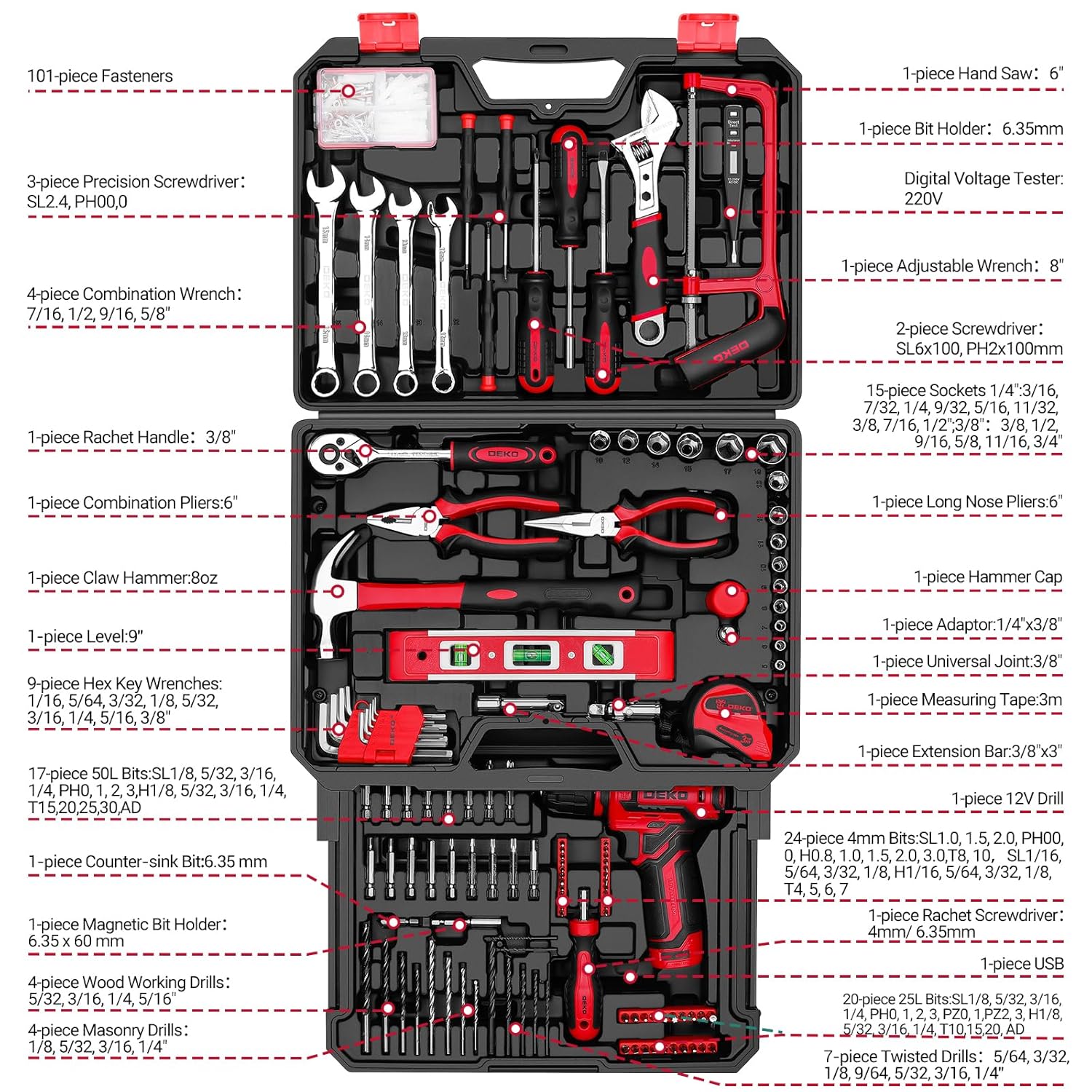 Tool Kit Box Drill Set：DEKO 238 Pieces Home Mechanic Toolbox with 12V Power Cordless Drill Hand Repair Tools Sets Combo Kits Storage Organizer Drawer Case for Men（Red）