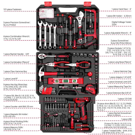 Tool Kit Box Drill Set：DEKO 238 Pieces Home Mechanic Toolbox with 12V Power Cordless Drill Hand Repair Tools Sets Combo Kits Storage Organizer Drawer Case for Men（Red）