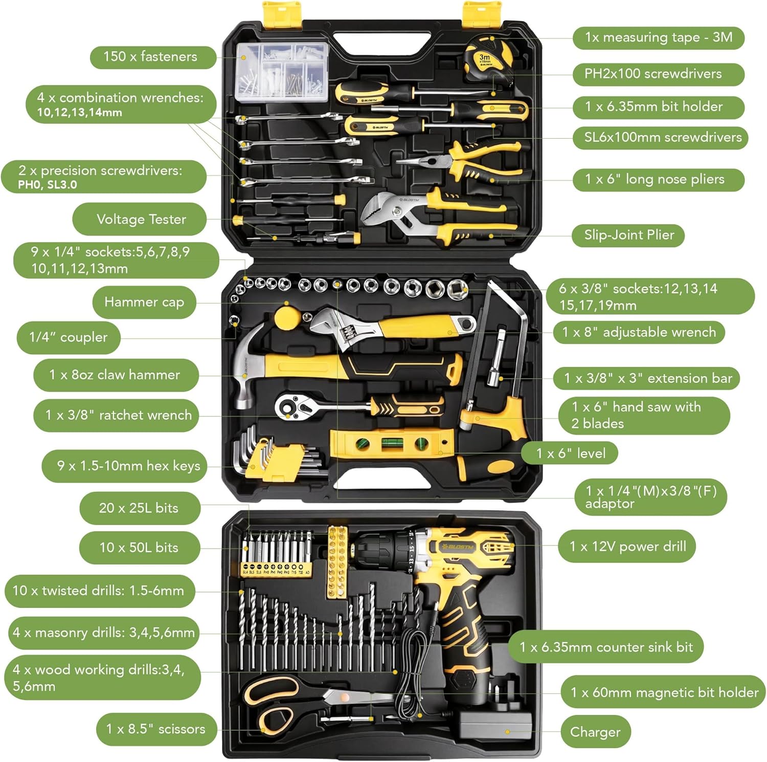 248 Piece Tool Kit with Drill - 12V Cordless Drill & Hand Tools for DIY, Home Repairs, Mechanic Tool Set - Portable Large Toolbox with Storage Drawer, Screwdrivers, Bits, Pliers & More (Yellow)