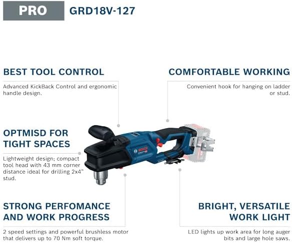 18V System Cordless Right Angle Drill GRD 18V-127 (65 Nm Soft Torque, brushless Motor, 2 Speed Settings: Fast Rough-ins 1,800 RPM, Slow 550 RPM) GRD 18V-127 without battery/charger