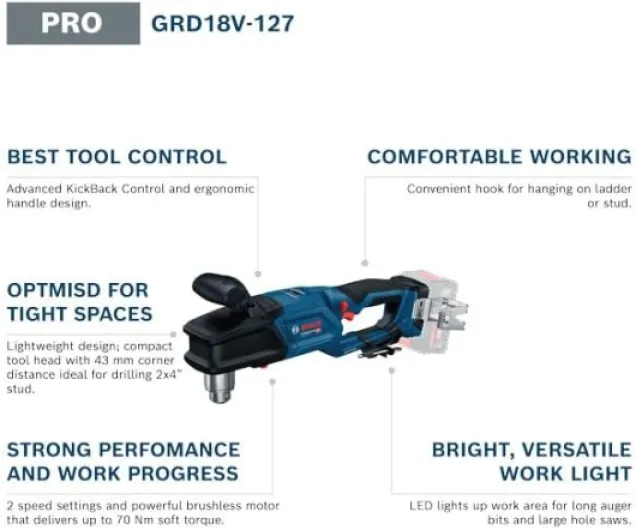 18V System Cordless Right Angle Drill GRD 18V-127 (65 Nm Soft Torque, brushless Motor, 2 Speed Settings: Fast Rough-ins 1,800 RPM, Slow 550 RPM) GRD 18V-127 without battery/charger