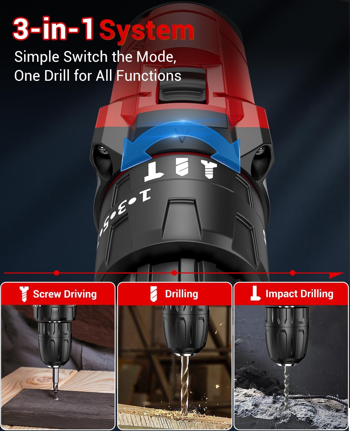 Battery Drill Set 21V, FEBOGER Cordless Drill with 2 Batteries 2000mAh, 25+3 Torque Electric Drills, 42N.m Max, LED Work Light, 20pcs Accessories for Home and Garden DIY Project Red-21V