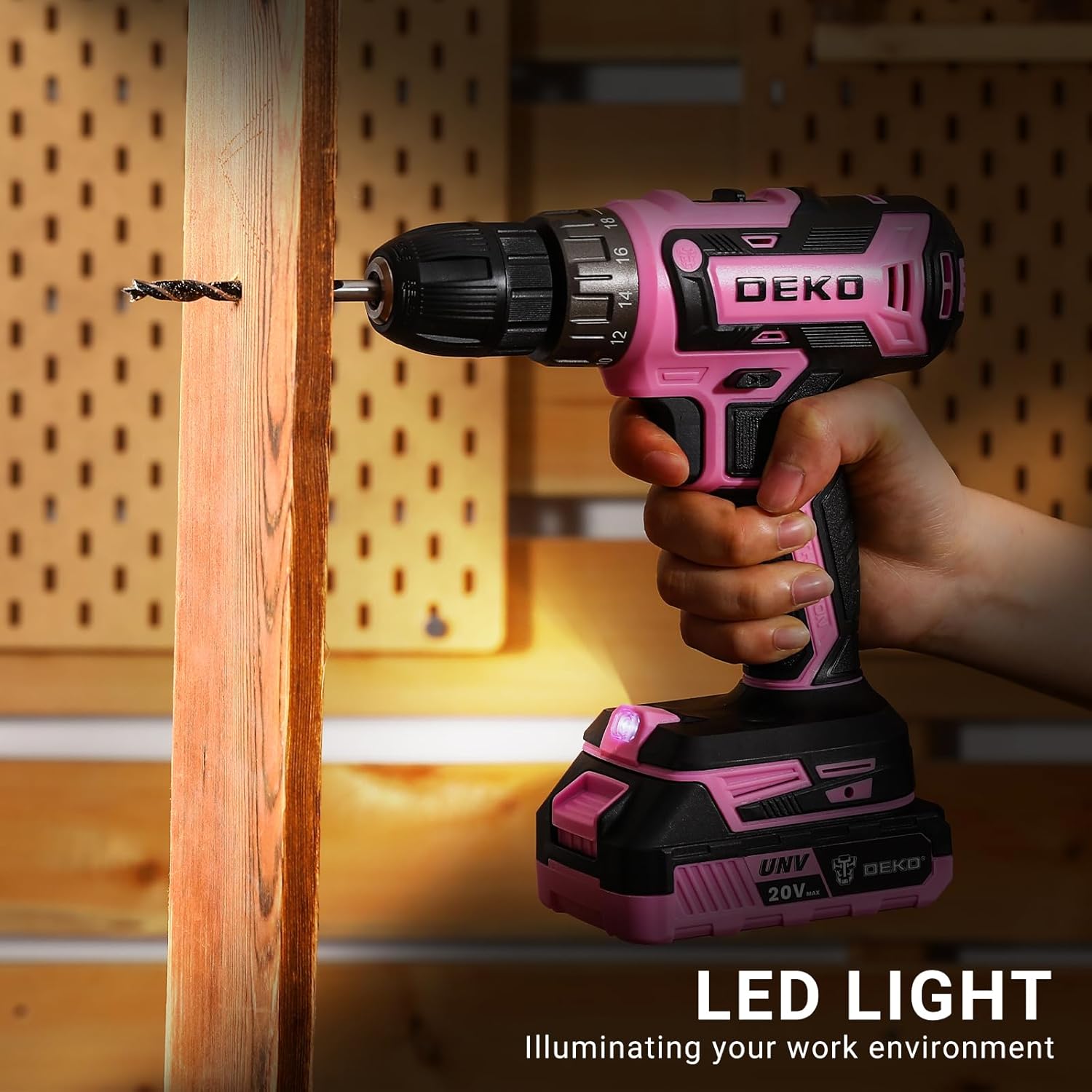Power Drill Cordless: DEKOPRO 20V Cordless Drill Set with LED Light, 30Pc Electric Drill Accessories, Pink Drills with Two 2.0Ah Batteries and Charger Drills Driver Kit for Wood, Metal and Screws Pink/2 Batteries