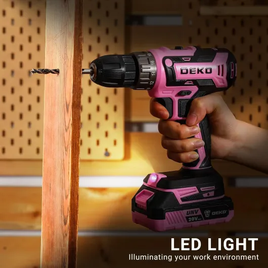 Power Drill Cordless: DEKOPRO 20V Cordless Drill Set with LED Light, 30Pc Electric Drill Accessories, Pink Drills with Two 2.0Ah Batteries and Charger Drills Driver Kit for Wood, Metal and Screws Pink/2 Batteries