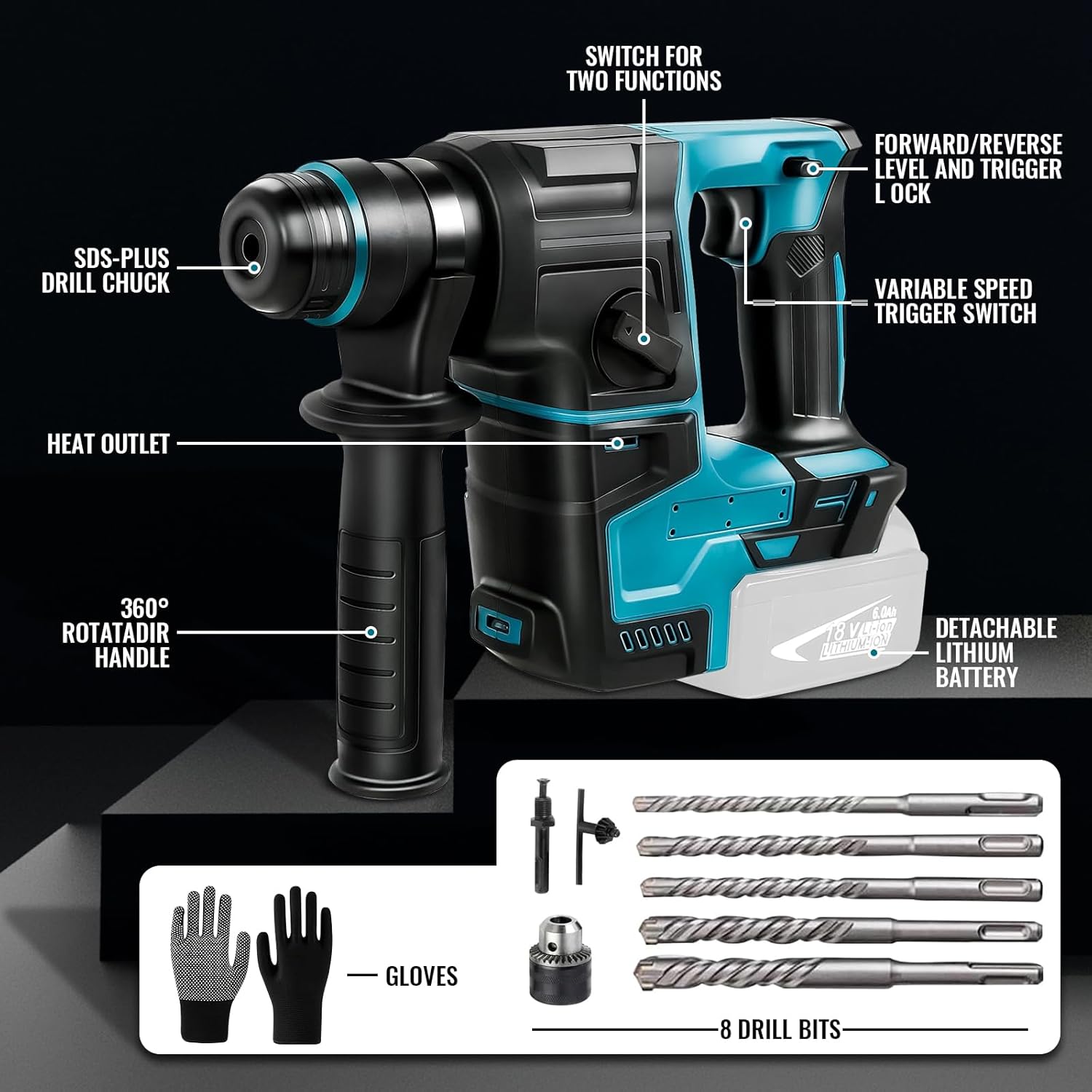 LIROPAU Professional 18V Cordless Drill System with 8 Drills and Gloves, Quickly Change Chuck SDS-Plus, 2.2 J, 1400 U/min, 4200 BPM, for Concrete, Metal, Wood (Without Battery)
