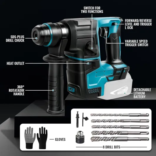 LIROPAU Professional 18V Cordless Drill System with 8 Drills and Gloves, Quickly Change Chuck SDS-Plus, 2.2 J, 1400 U/min, 4200 BPM, for Concrete, Metal, Wood (Without Battery)