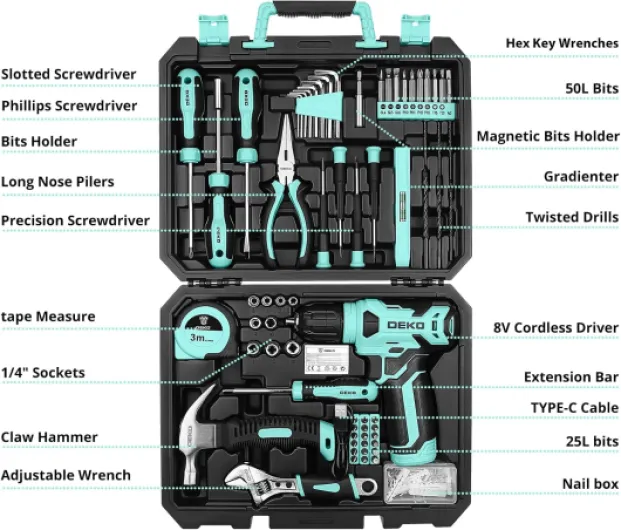Tool Kit with Cordless Drill: DEKO Tools Set Box 126 Piece with 8V Electric Drill for Men,Woman and Home, DIY Hand for Furniture Assembling, Home Maintenance(Cyan) 126pcs-cyan