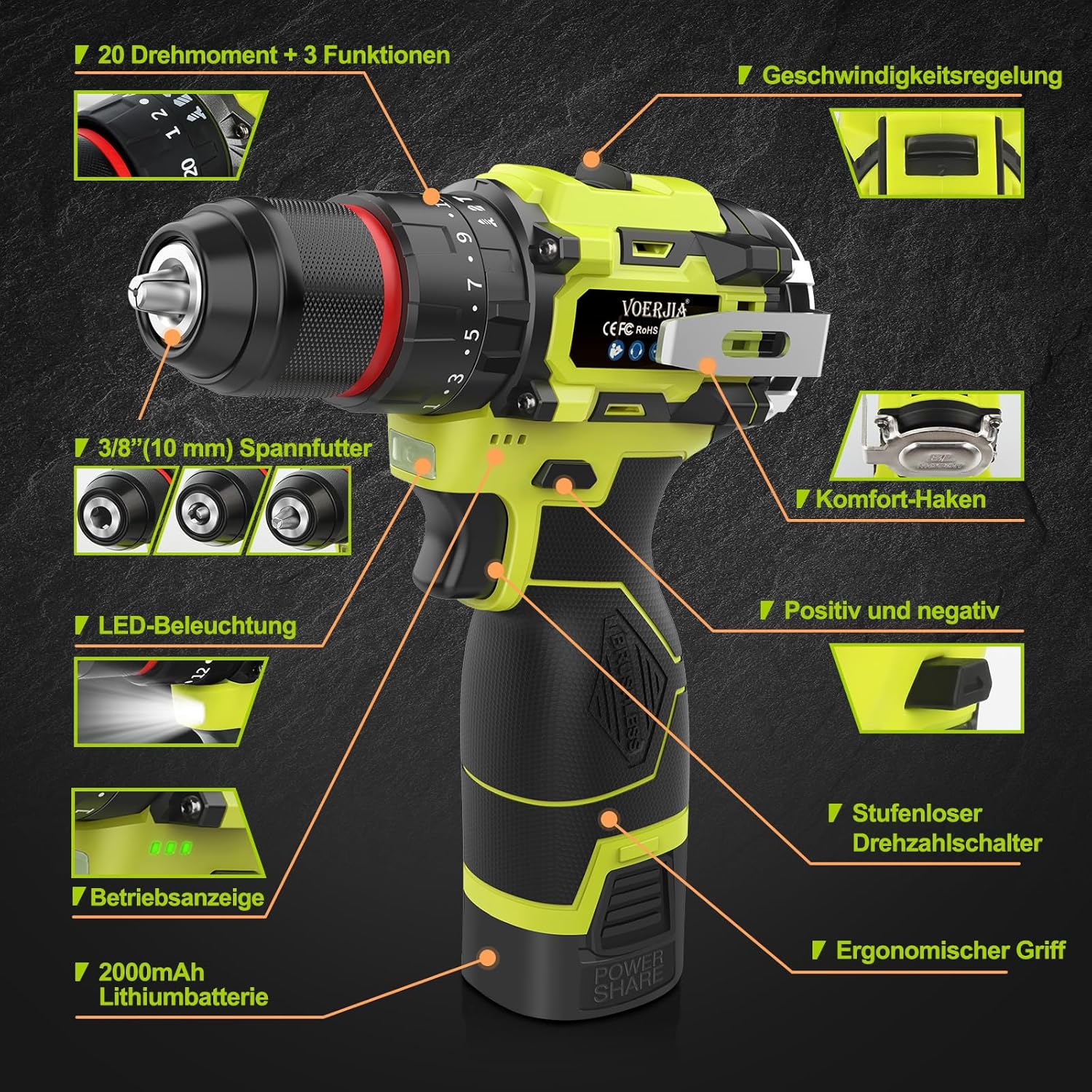 VOERJIA 16.8V Cordless Drills, Battery Drill with 2*2000mAh Batteries, 50N.m Max Hammer Drill, 20+3 Torque Electric Drills, 3/8" Chuck & 2 Spees LED Brushless Drill Set, 34Pc DIY Power Tools for Home