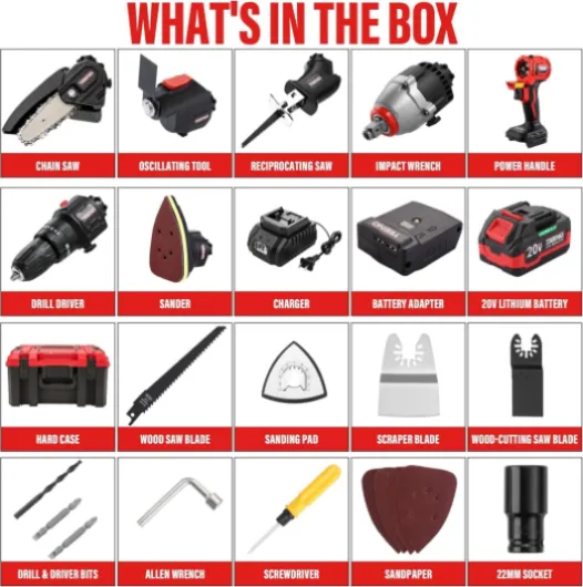 TEENO 20V Cordless Combination Kit, 8-in-1 Multi-Functional Cordless Tool with Case, Drill, Sabre Saw, Chainsaw, Impact Driver, Oscillating Tool, Sander with Accessories (8-IN-1)