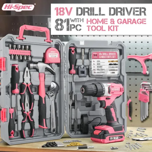 Hi-Spec 81pc Pink 18V Cordless Power Drill Driver Kit for DIY Projects